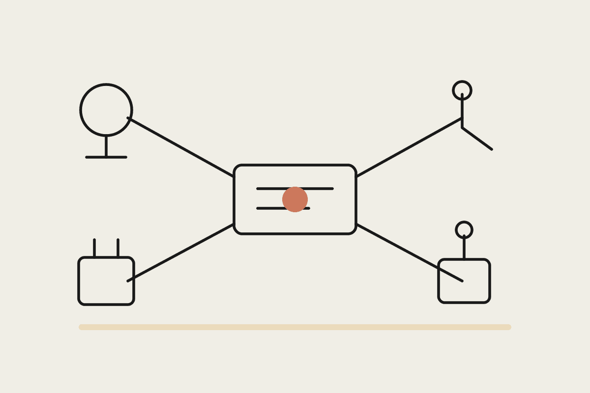 Line drawing of a central controller linked to a microscope, robotic arm and two lab instruments