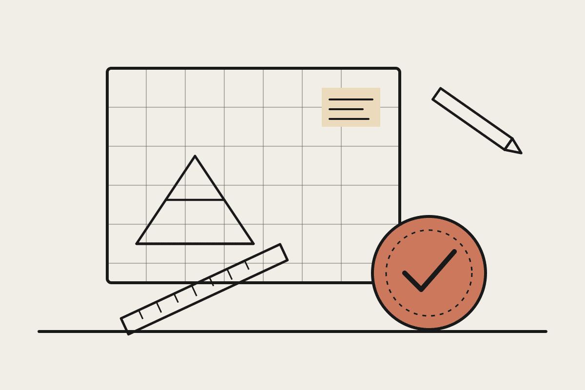 Line drawing of a certification stamp being pressed onto a structural calculation sheet on a drafting desk, with a ruler and pencil nearby.