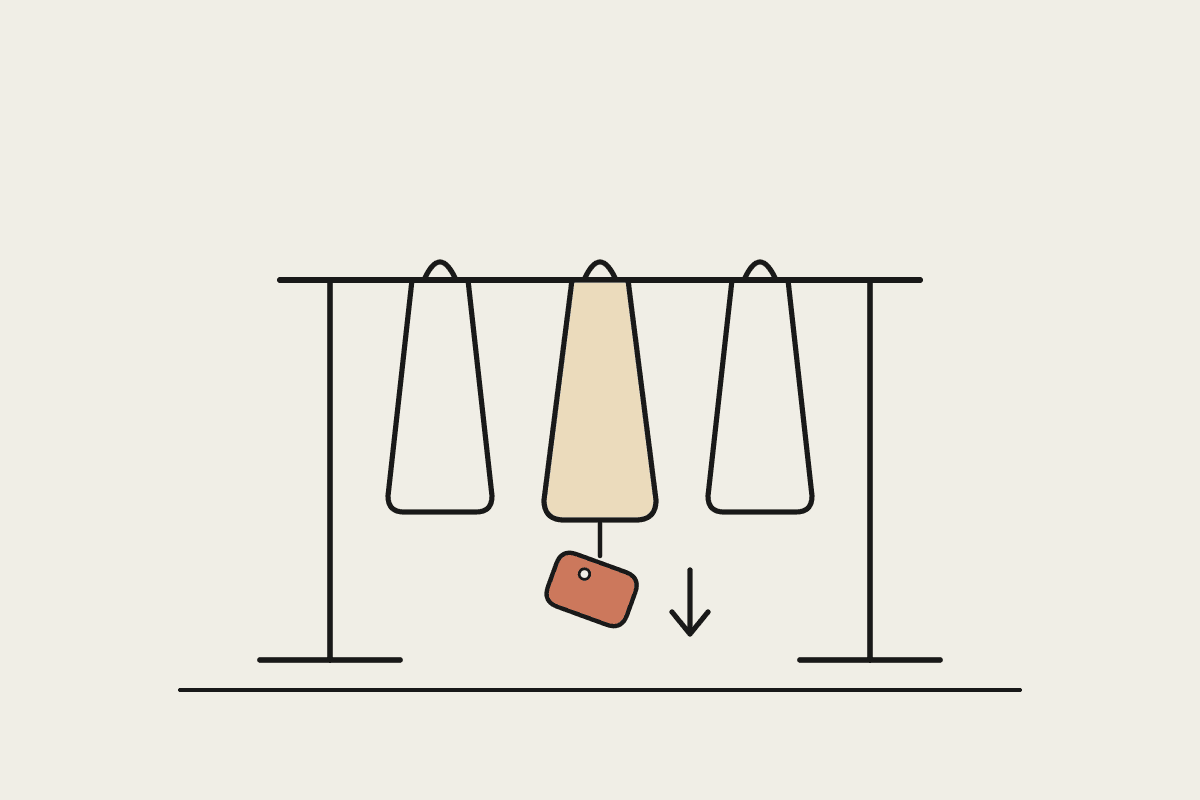 Line drawing of a clothing rack with three hanging garments; the centre garment has a terracotta price tag and a downward arrow indicating a markdown.
