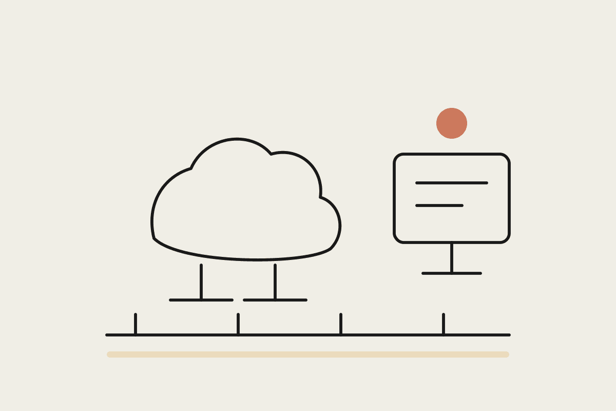 Line drawing of a cloud on legs standing beside a screen above a horizon line