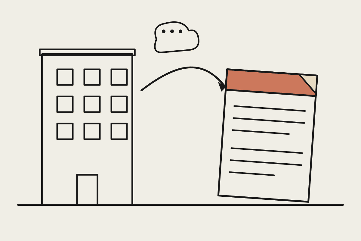 Line drawing of a commercial office building connected by an arrow to an Information Memorandum document with a terracotta cover, and a small speech bubble representing tenant messages