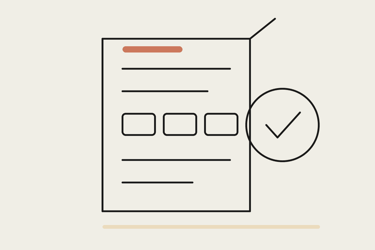 Line drawing of a document of test evidence next to a circle containing a tick