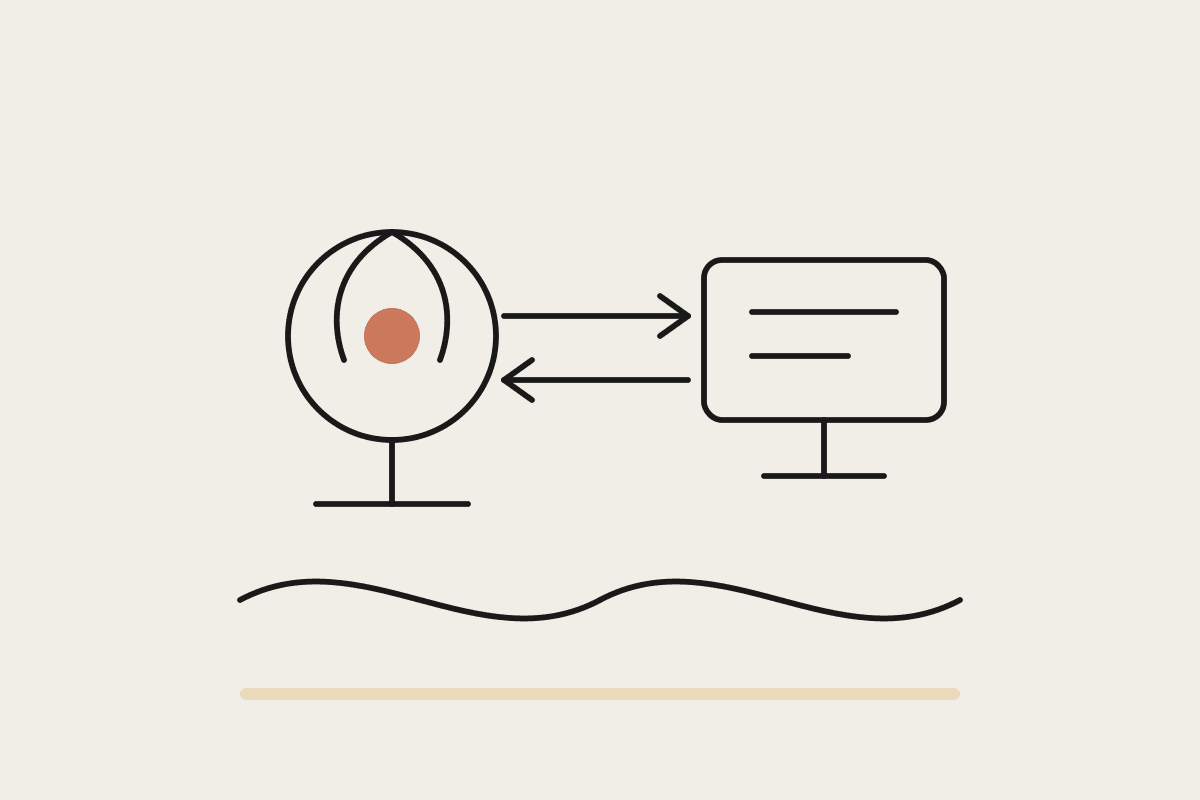 Line drawing of a human head and a screen exchanging arrows in both directions