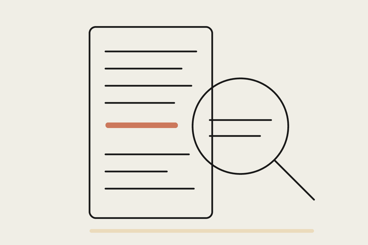 Line drawing of a long code diff with a magnifying glass over one highlighted line