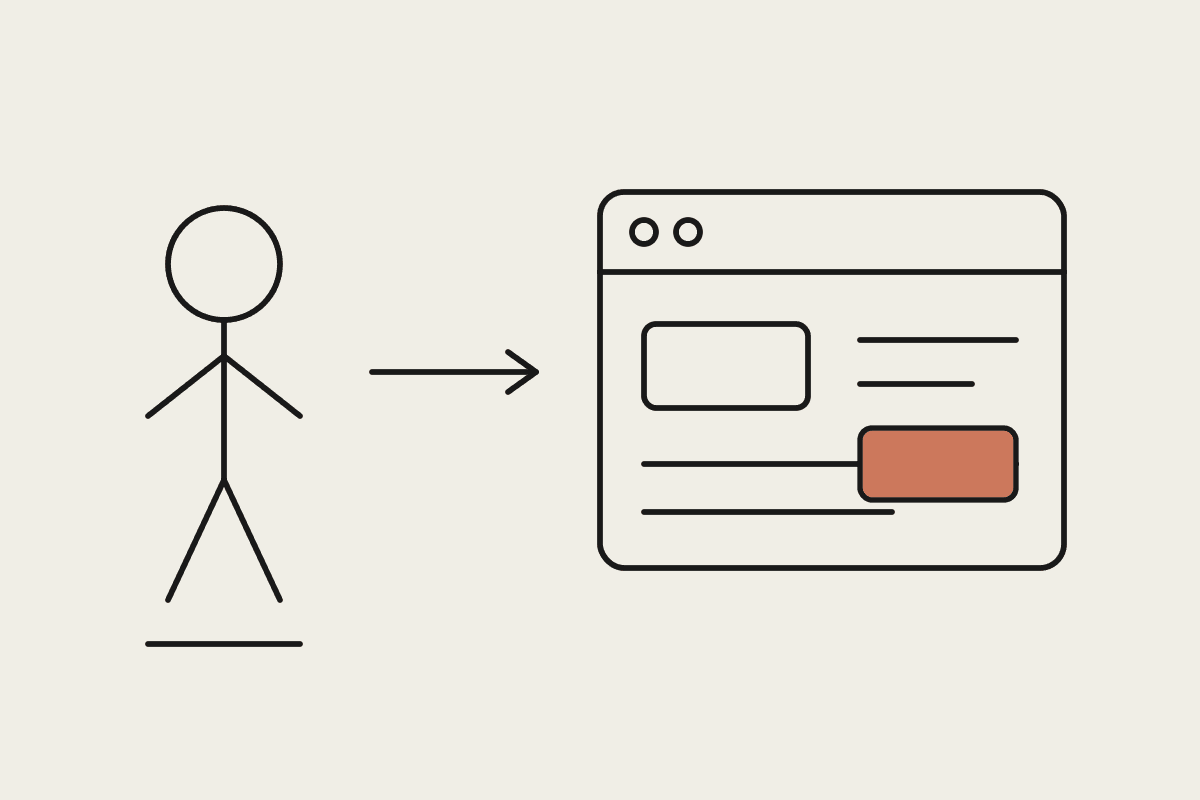 Line drawing of a person beside a simple working app window with one terracotta button