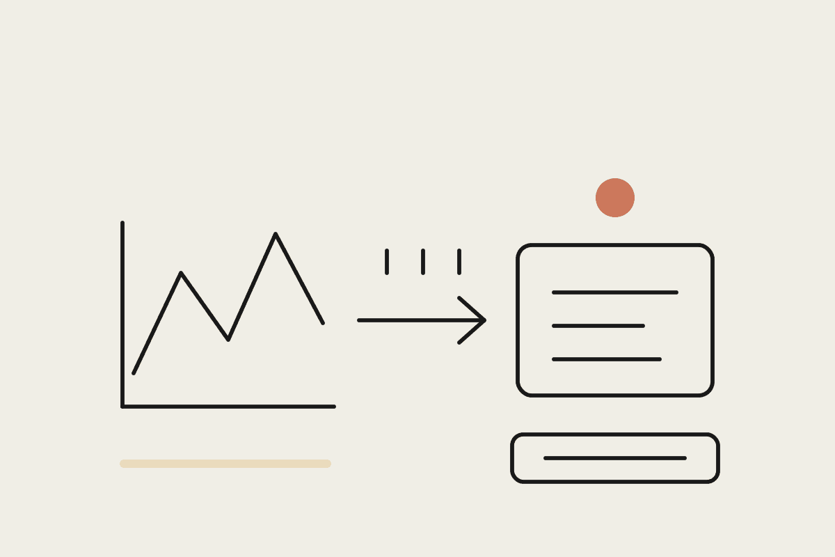 Line drawing of a rough sketched chart on the left with an arrow leading to a finished boxed product on the right