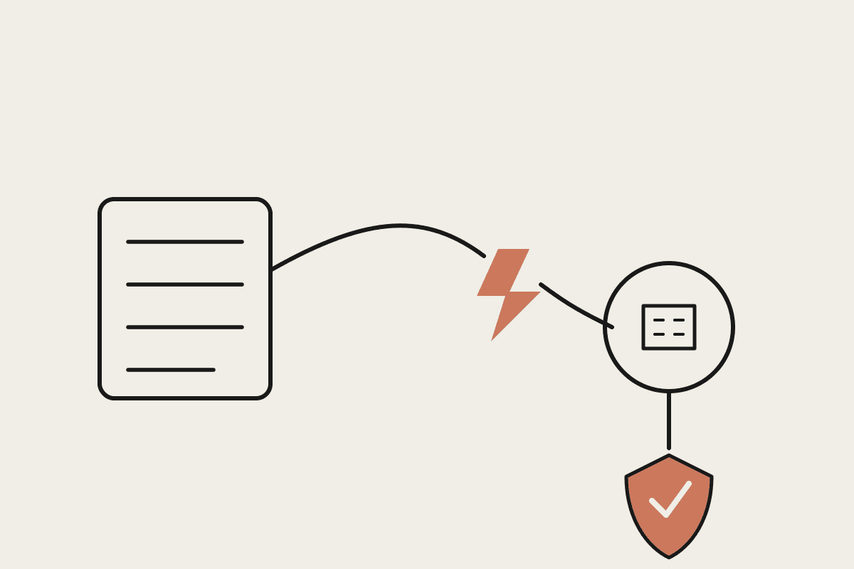 Line drawing of a server rack connected to a business by a broken link, with a terracotta shield representing a safe fallback path