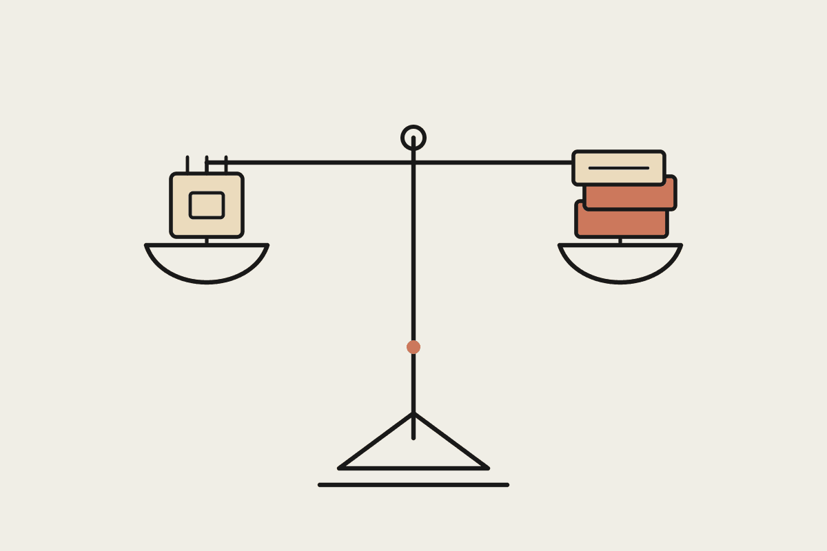 Line drawing of a set of scales weighing a computer chip against a stack of documents