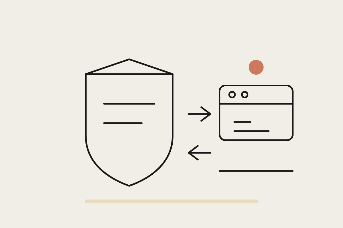 Line drawing of a shield holding data lines beside a server box, with arrows running in both directions between them