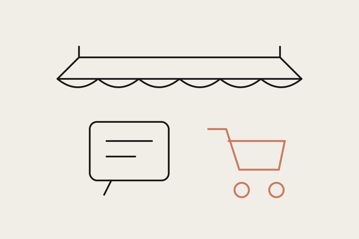Line drawing of a shopfront awning above a chat panel and a shopping trolley