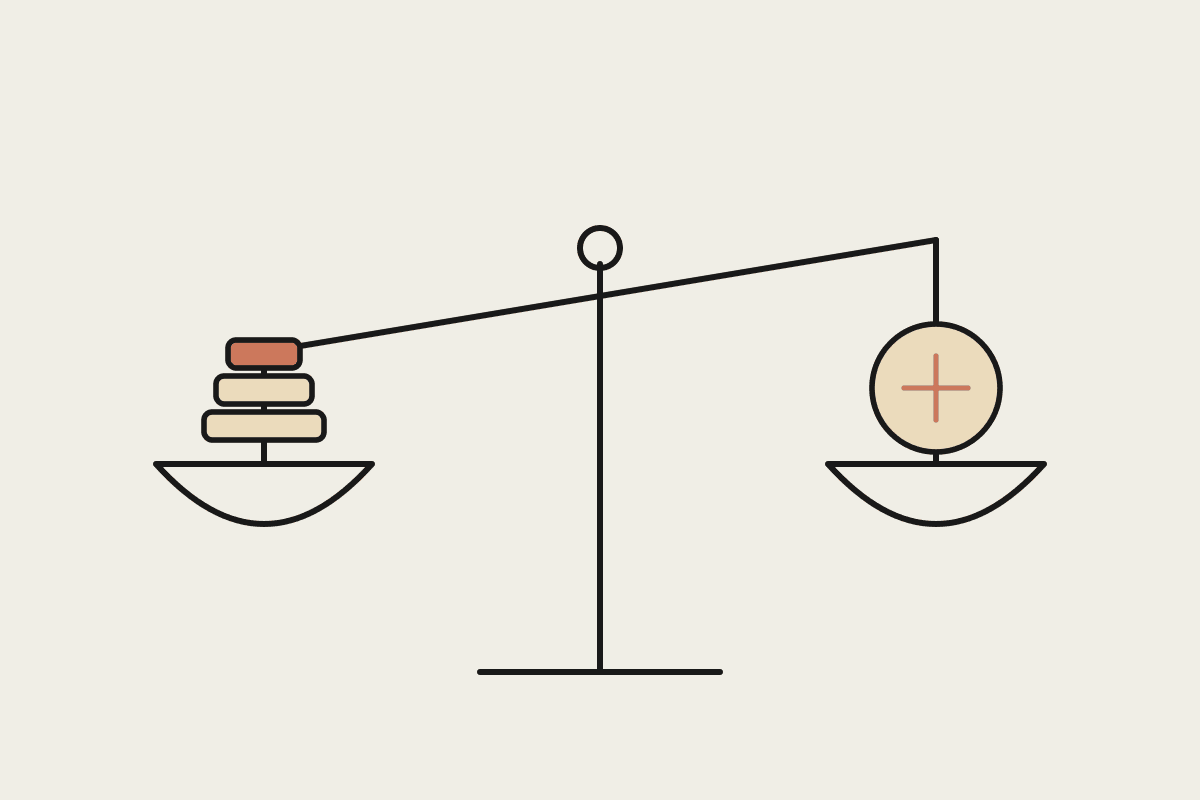 Line drawing of a tipped balance beam weighing a stack of blocks against one disc