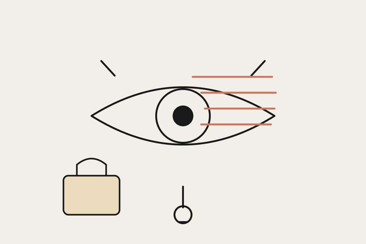 Line drawing of a wide open eye with terracotta blind slats closing across it