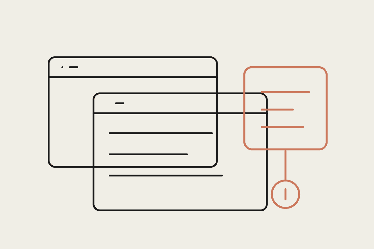 Line drawing of an assistant panel floating above two stacked desktop windows