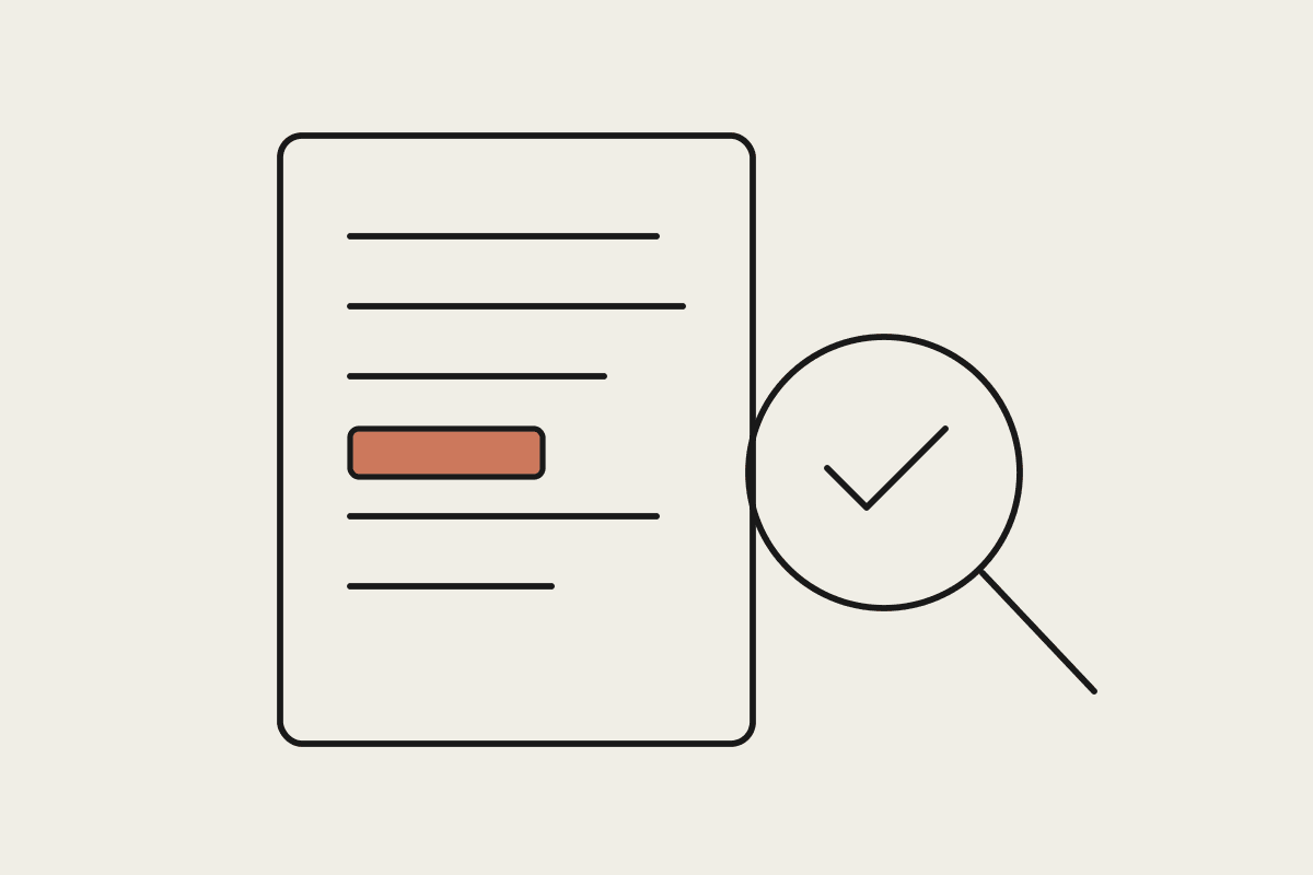 Line drawing of an incident report page with one flagged line, read through a magnifying glass