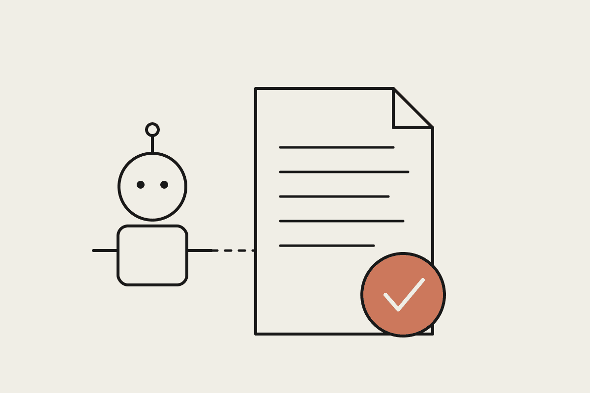 Line drawing of an insurance policy document being reviewed and stamped, with a small robot character connected to it by a dashed line