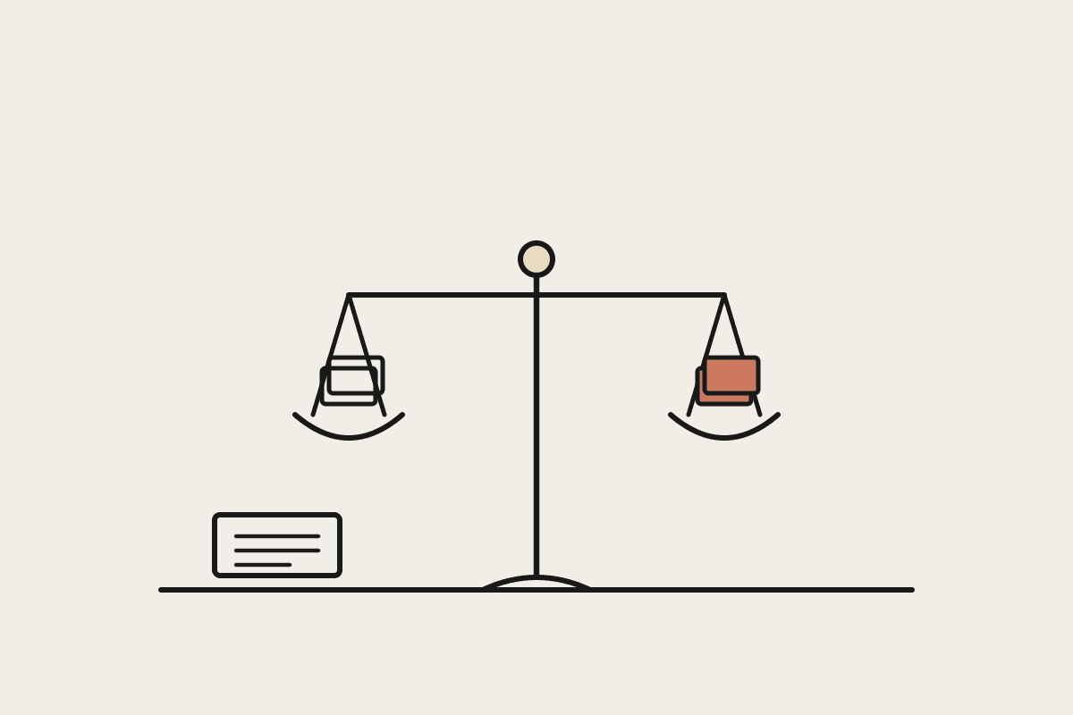 Line drawing of balance scales on a desk, one pan holding a terracotta stack of documents, beside a single contract page.