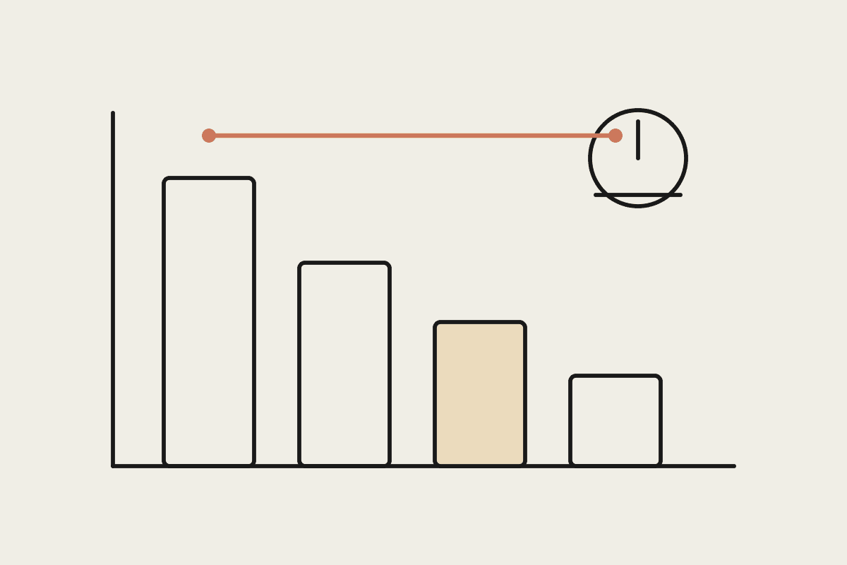 Line drawing of falling bars under a flat terracotta line, beside a simple dial