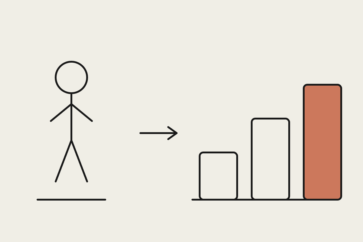 Line drawing of one person beside three rising bars, one of them terracotta