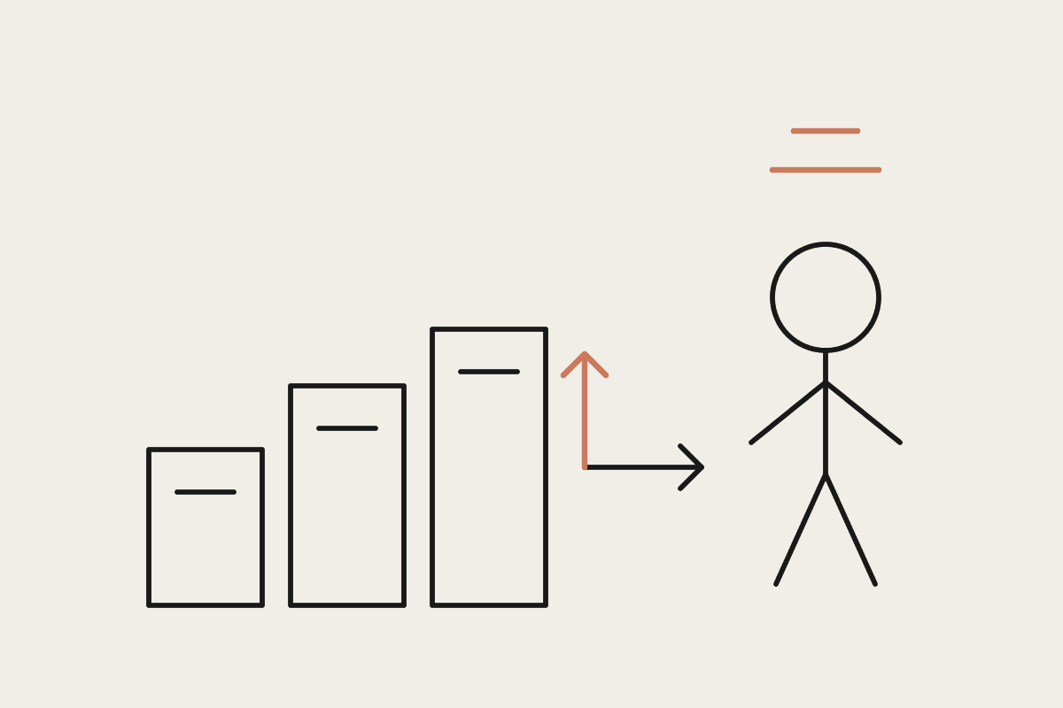 Line drawing of research documents rising into a figure making the final call