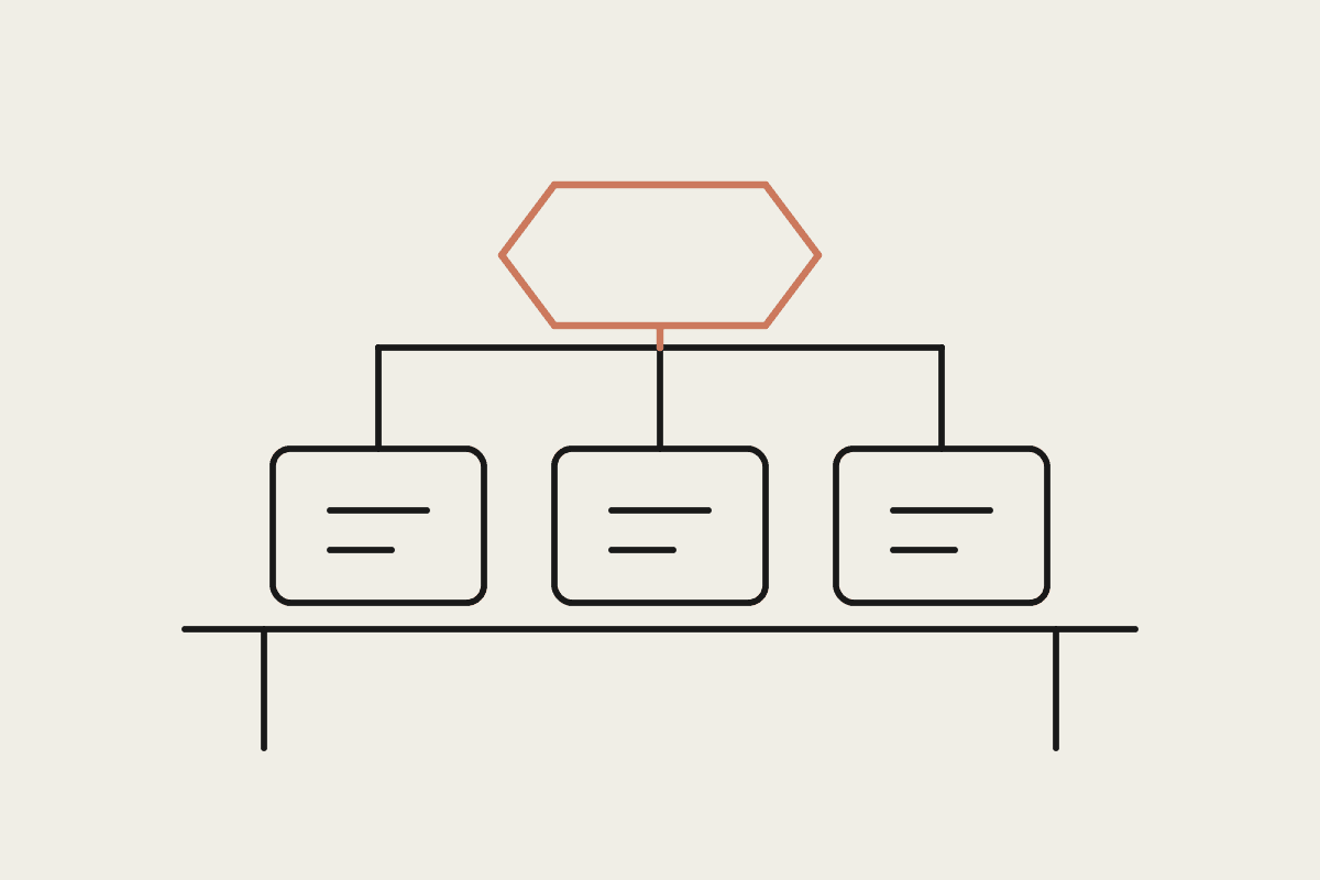 Line drawing of three agent panels sharing one bench, with a single rule tag above them