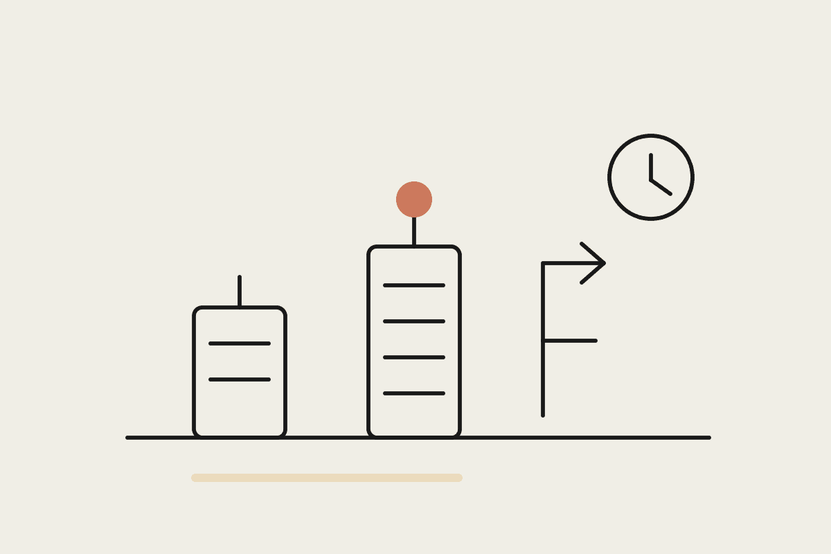 Line drawing of two bar-like server racks of different heights beside a rising arrow and a clock face