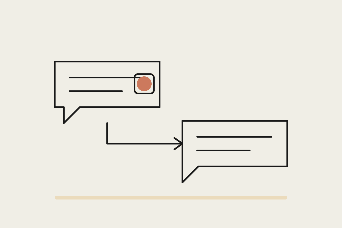 Line drawing of two chat message bubbles connected by an arrow, one tagged with a marker