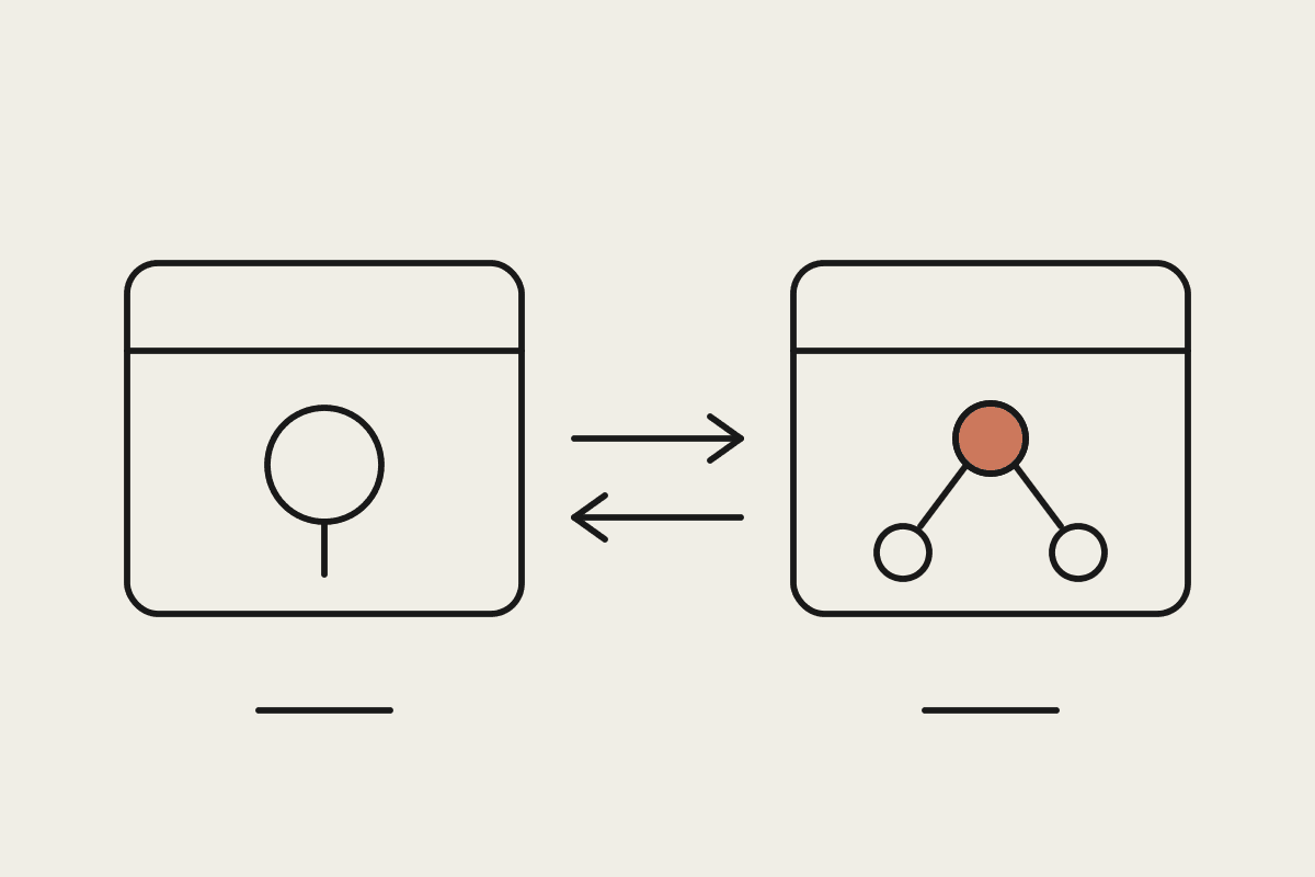 Line drawing of two sandboxed containers linked by arrows, one holding a delegating agent
