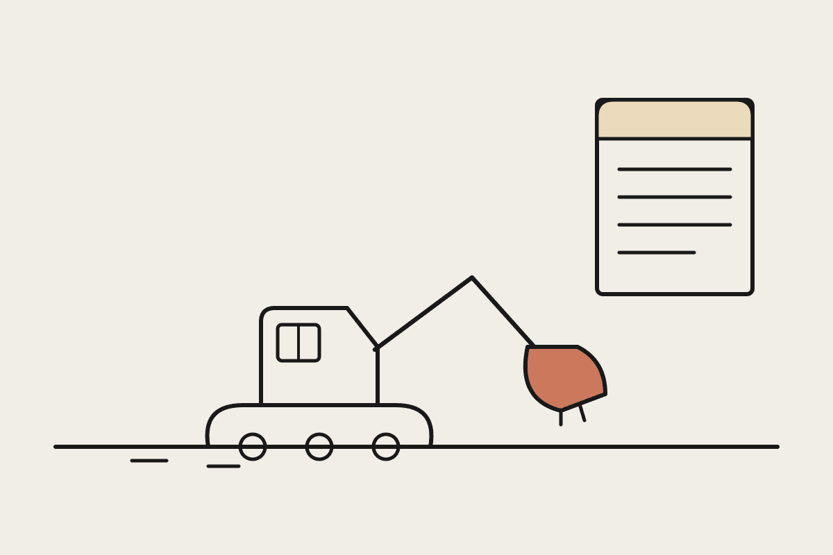 Line-drawn excavator digging beside a job docket, in Automata notebook style
