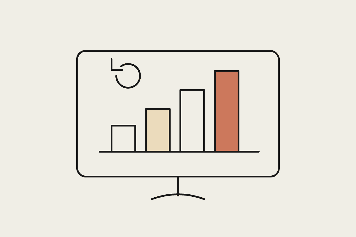 Line-drawn monitor showing a bar chart with a terracotta bar and a refresh arrow, on cream paper
