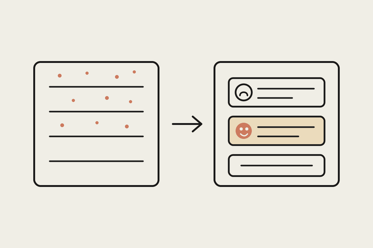 Line illustration contrasting a task list scattered with loose terracotta dust specks against a rebuilt board where an agent sits as a named row alongside human team members.