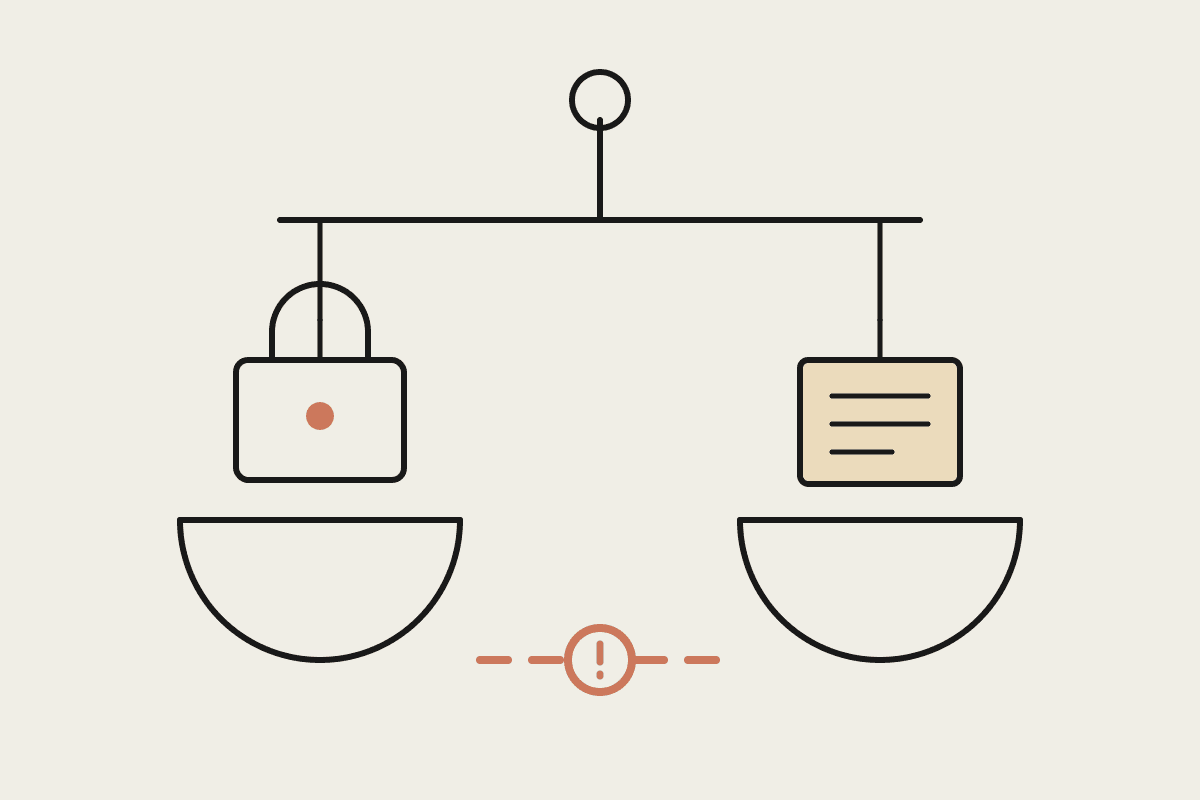 Line illustration of a balance scale weighing a padlock representing retention-side privacy against a stack of audit records, with a dashed terracotta line and question mark below.