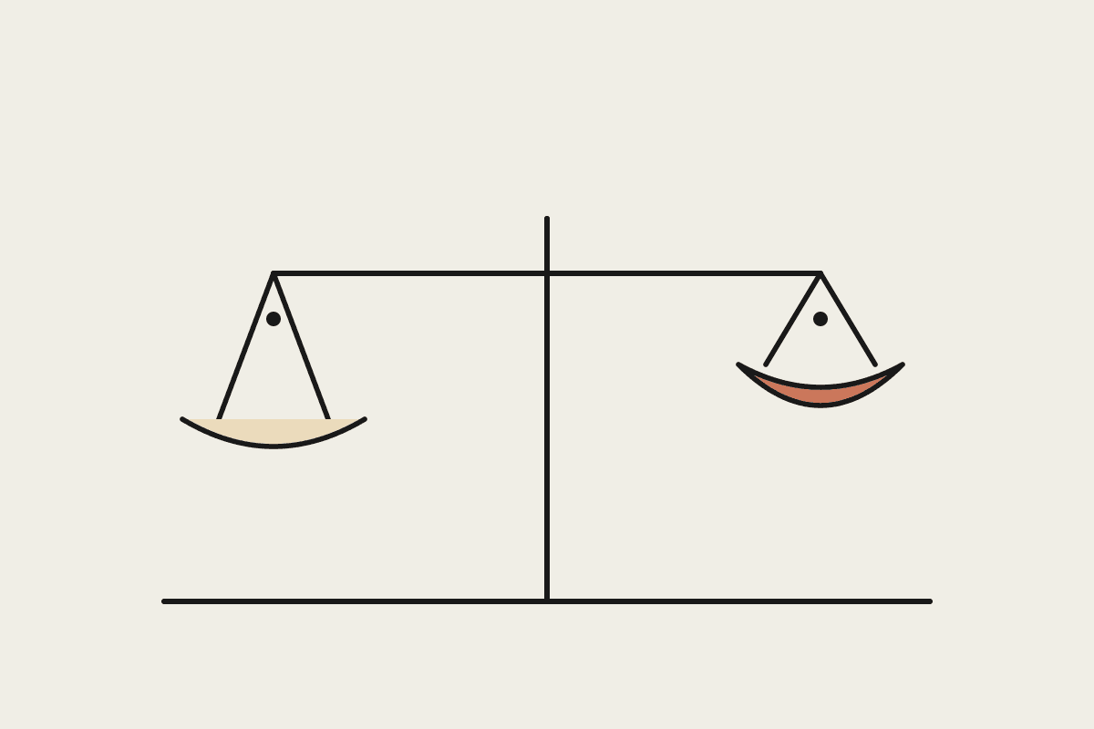 Line illustration of a balance scale weighing two assistant options, one side tipped and filled terracotta