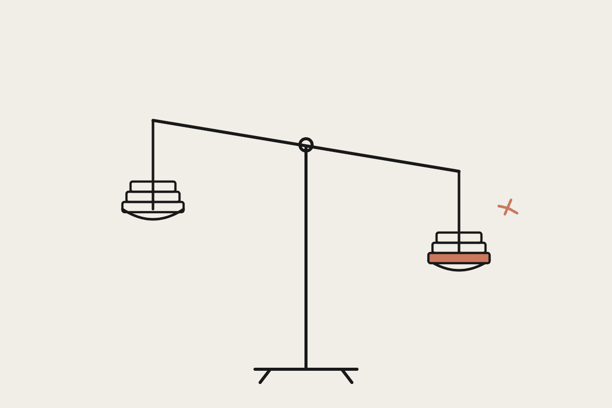 Line illustration of a balance scale weighing two stacks of documents, one topped in terracotta