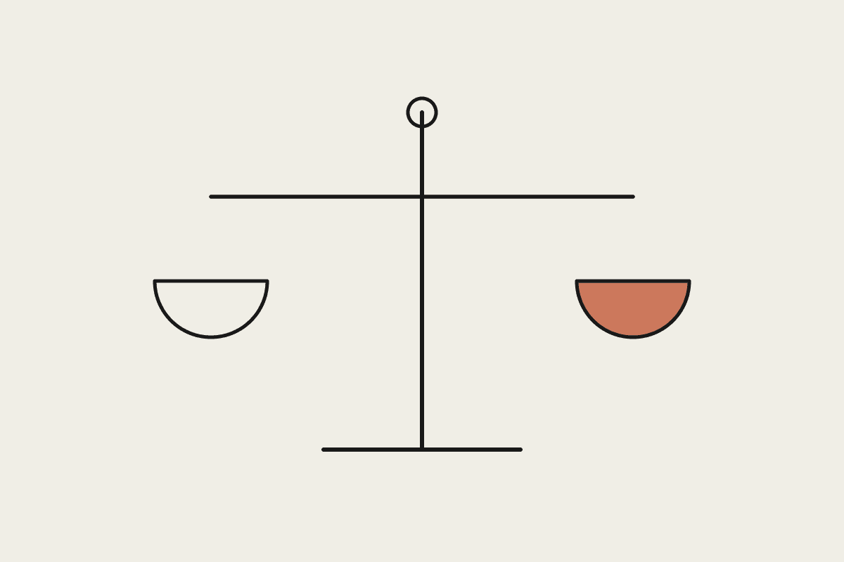 Line illustration of a balance scale with one terracotta-filled pan, representing risk weighed with governance controls