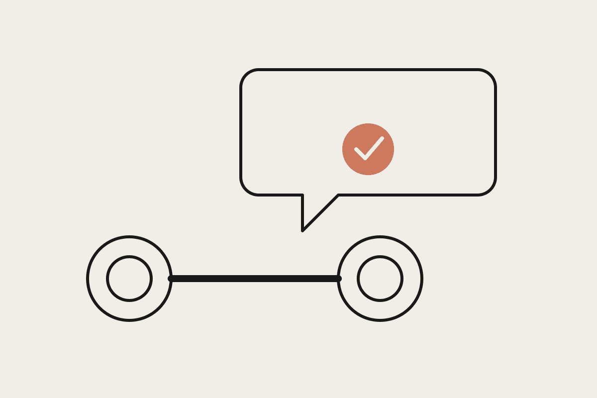 Line illustration of a barbell beside a speech bubble with a terracotta checkmark, representing automated gym member messages