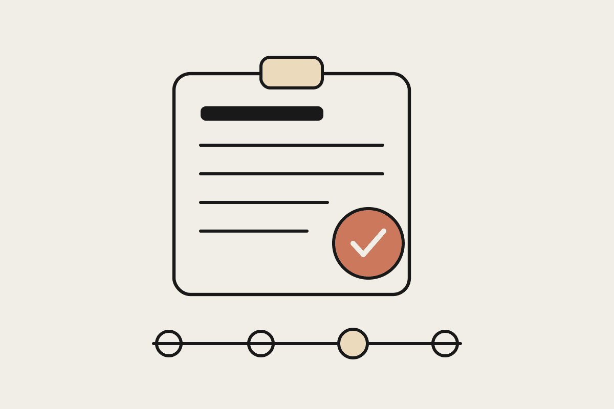 Line illustration of a BAS form on a clipboard with a lodged checkmark and a four-quarter timeline
