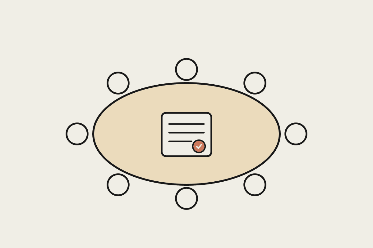 Line illustration of a boardroom table with eight seats and a terms of reference document bearing a terracotta sign-off seal