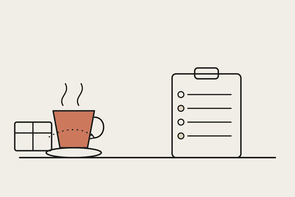 Line illustration of a cafe counter with a terracotta coffee cup, a delivery crate and a roster clipboard on cream paper