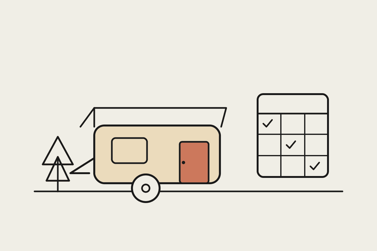 Line illustration of a caravan under an awning beside a booking checklist board