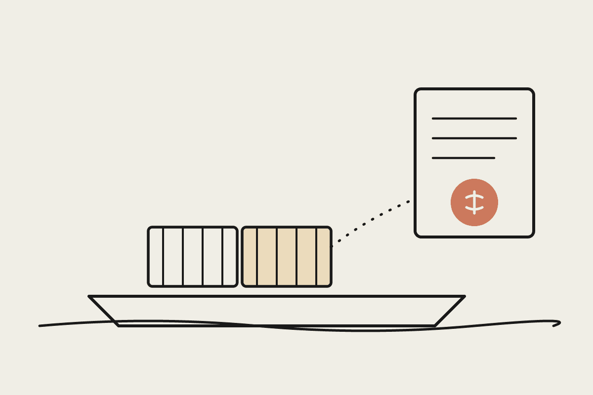 Line illustration of a cargo ship carrying shipping containers toward a ledger page with a terracotta coin, representing landed cost calculation