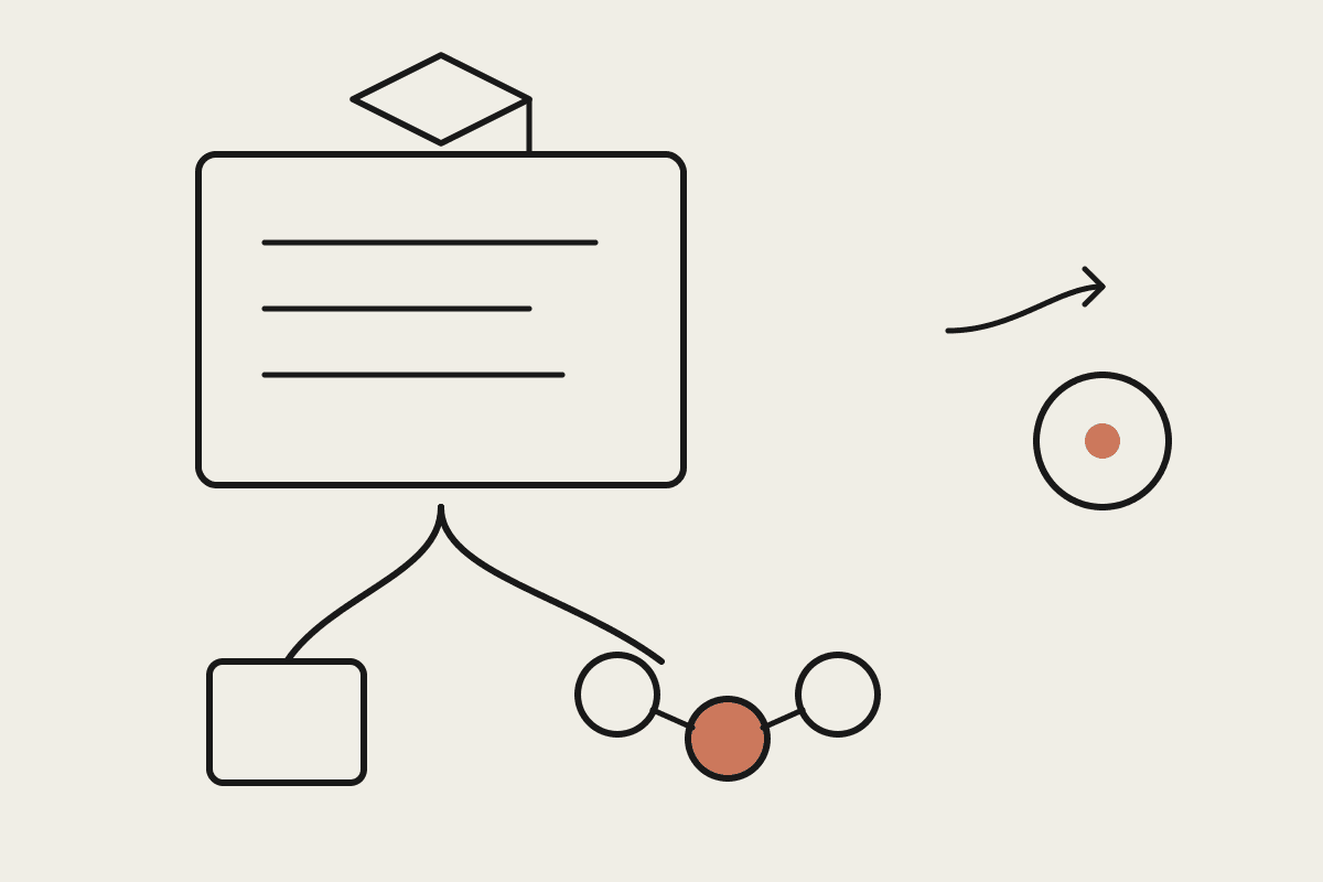 Line illustration of a chalkboard with a graduation cap, branching into a bundled box and a modular set of linked circles, one filled terracotta