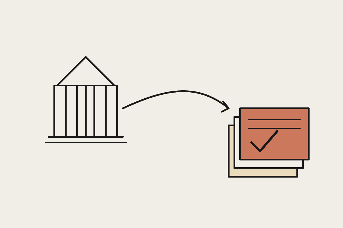 Line illustration of a civic building sending a curved arrow toward a stack of documents, the top one filled terracotta with a checkmark, symbolising a council report moving from research to signed-off recommendation.