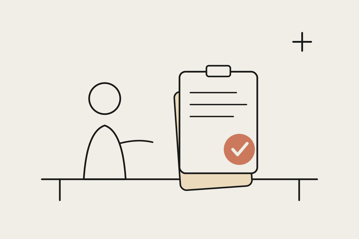Line illustration of a clinician at a desk with a clipboard of referral notes and a terracotta checkmark showing a completed review