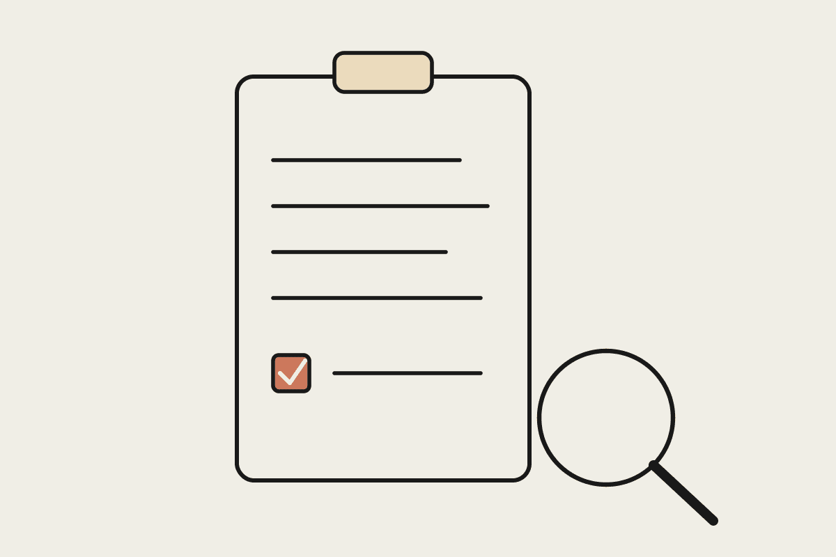 Line illustration of a clipboard checklist with one terracotta checked box, next to a magnifying glass, representing vetting a Claude consultant