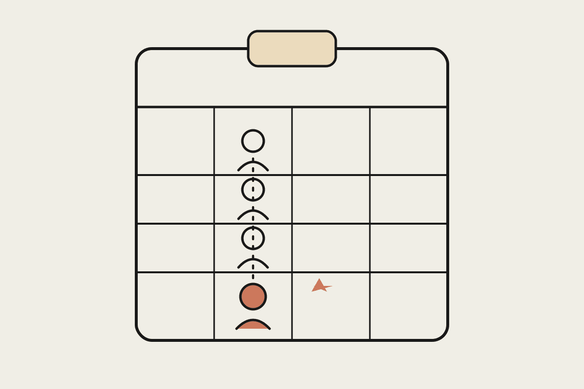 Line illustration of a clipboard roster with the same carer icon repeated down one column, the final visit highlighted in terracotta to show continuity of care