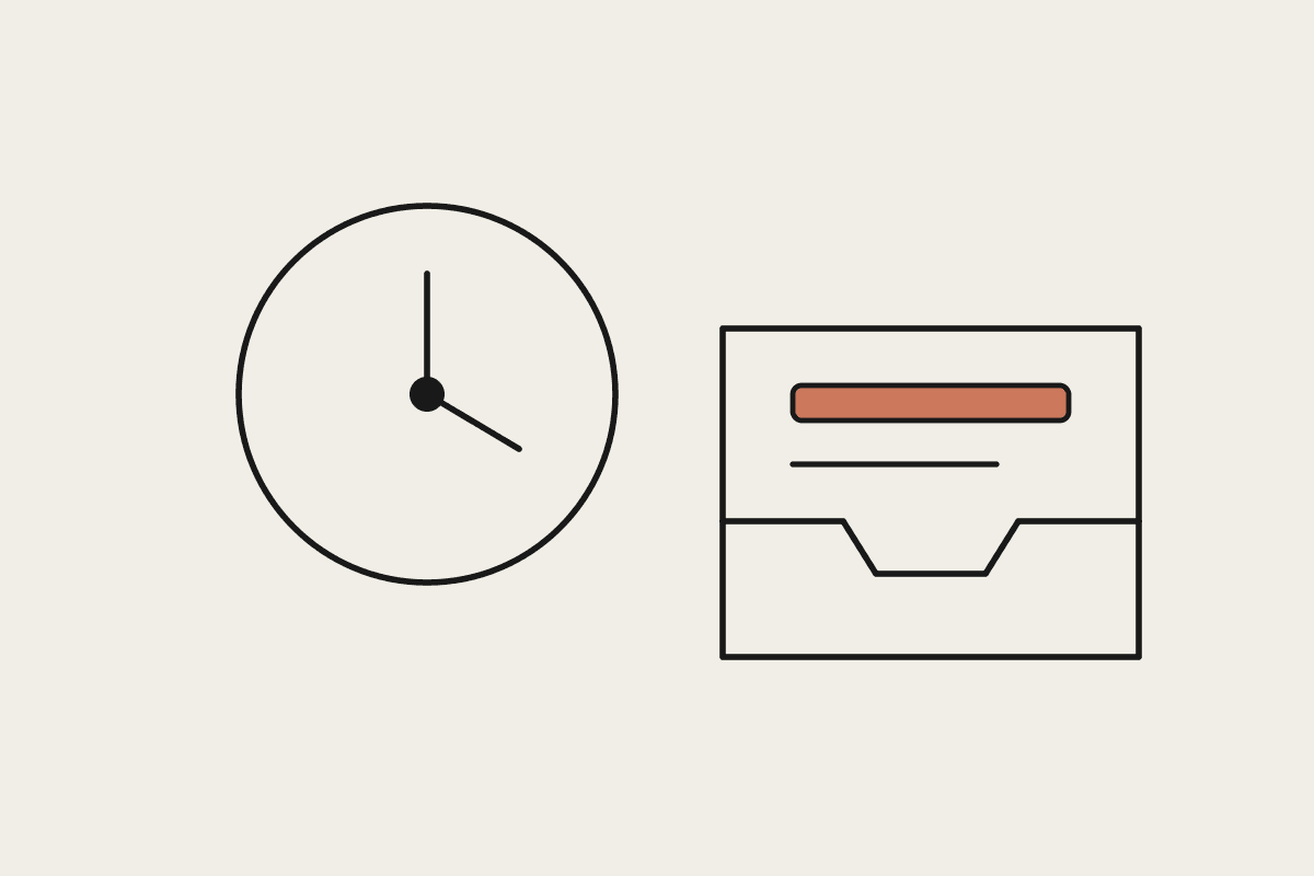 Line illustration of a clock beside a document tray, with one item in the tray highlighted terracotta