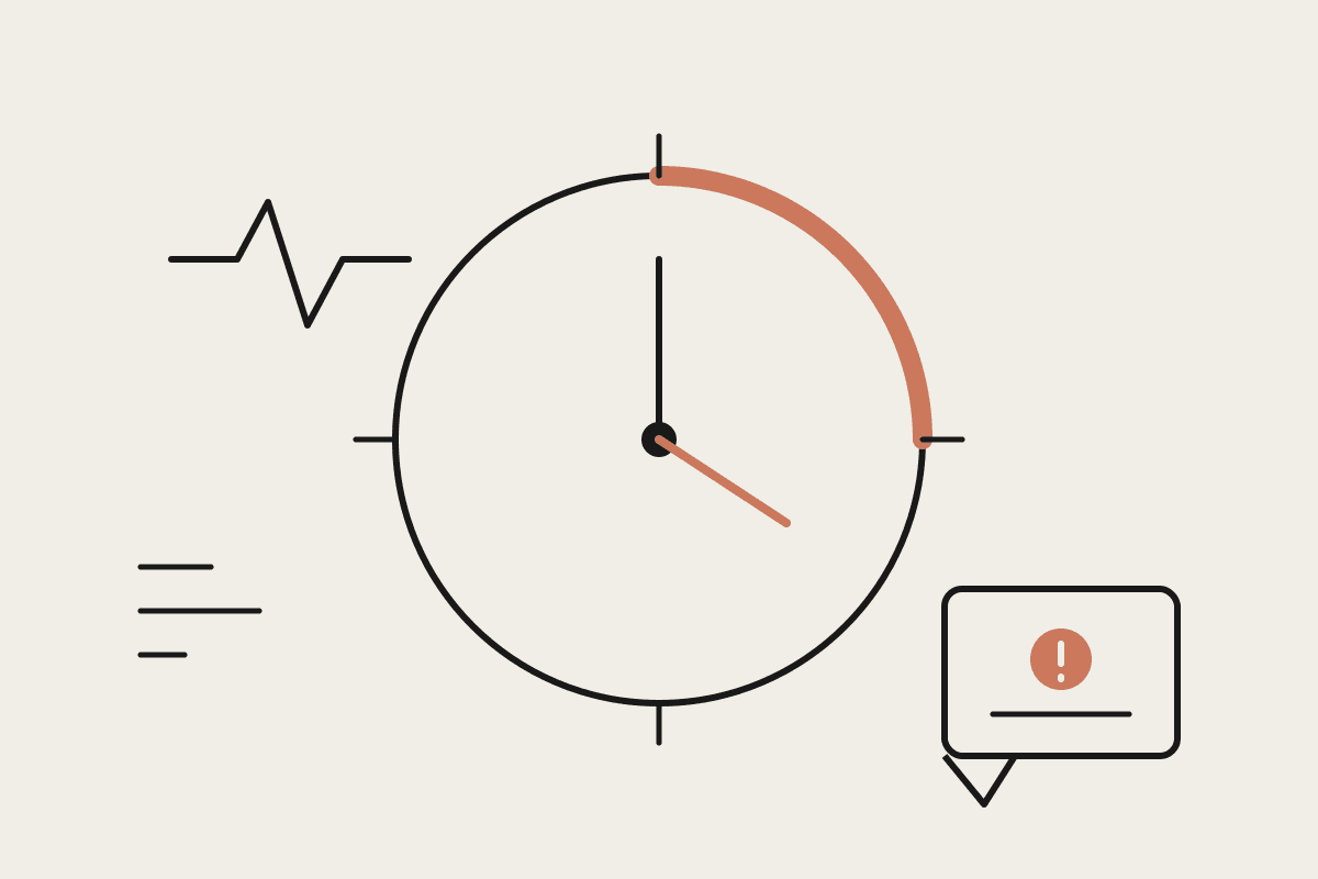 Line illustration of a clock face at night with a terracotta arc marking an on-call shift, an alert panel to one side and a flatlined build graph to the other.