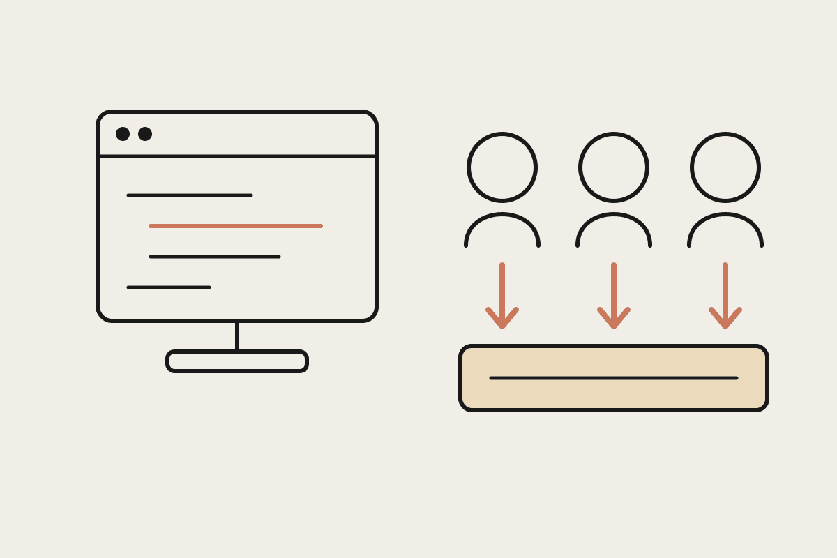 Line illustration of a code editor window beside three team members whose contributions flow down terracotta arrows into a single shared shipping lane.