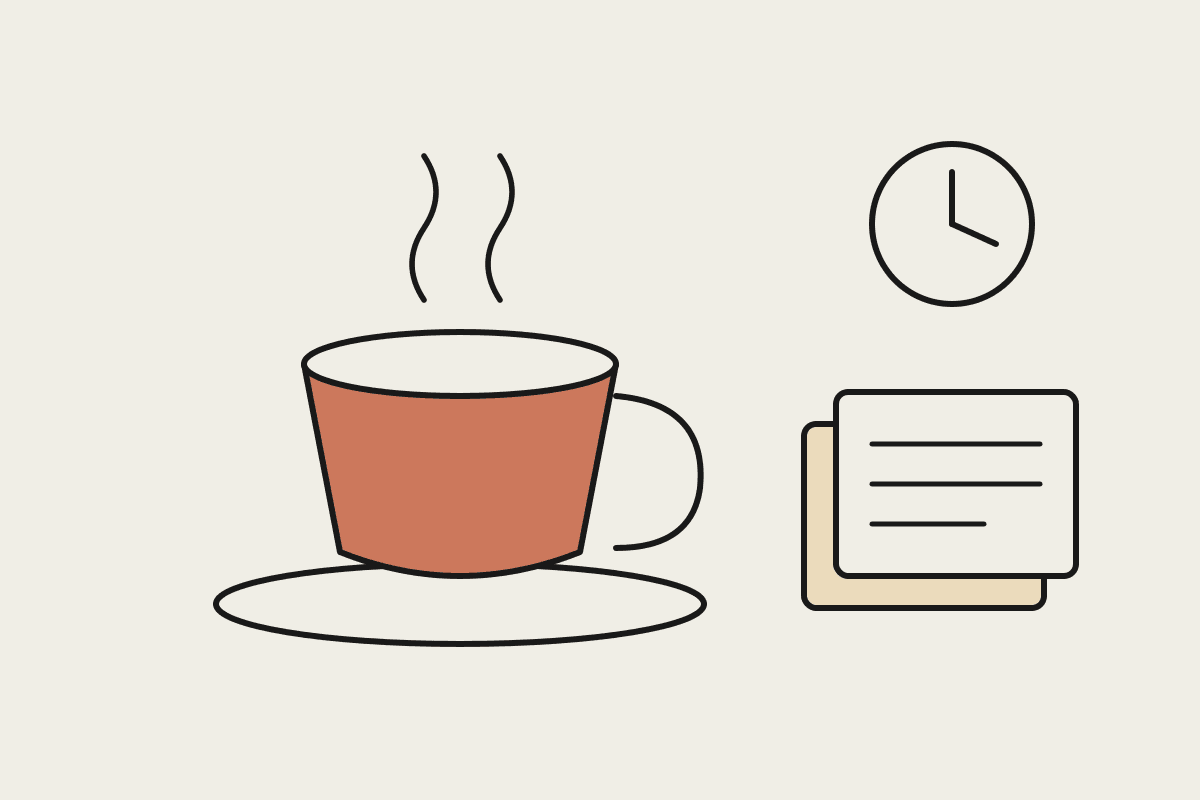 Line illustration of a coffee cup, a stack of order tickets and a clock, in Automata AI notebook style