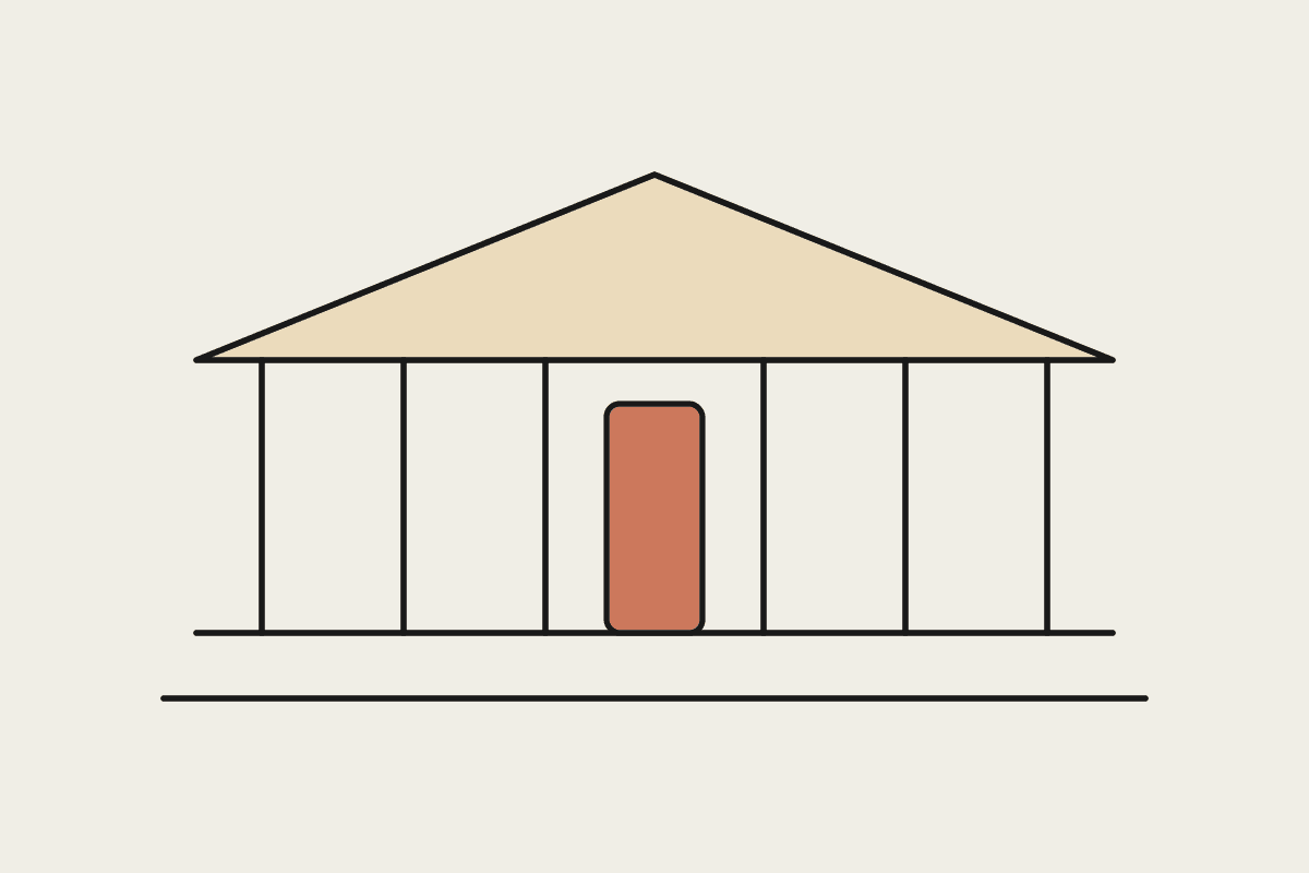 Line illustration of a columned public building with the central doorway in terracotta